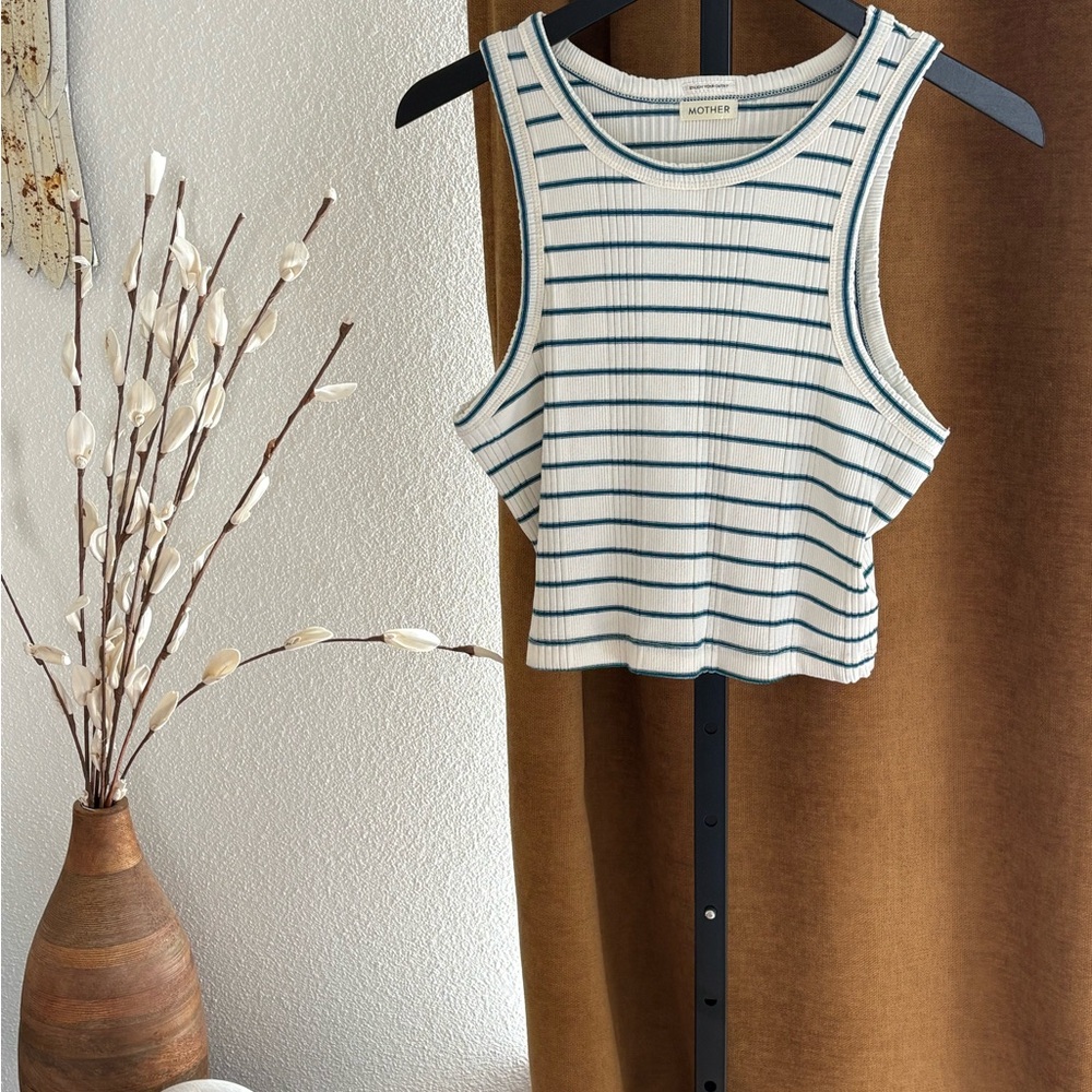 MOTHER Striped Blue and White Crop Top